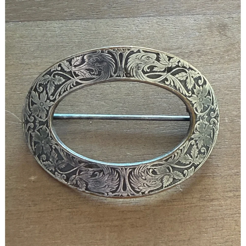 Antique Silver Plated Engraved Sash Pin Dragons Griffins Flowers